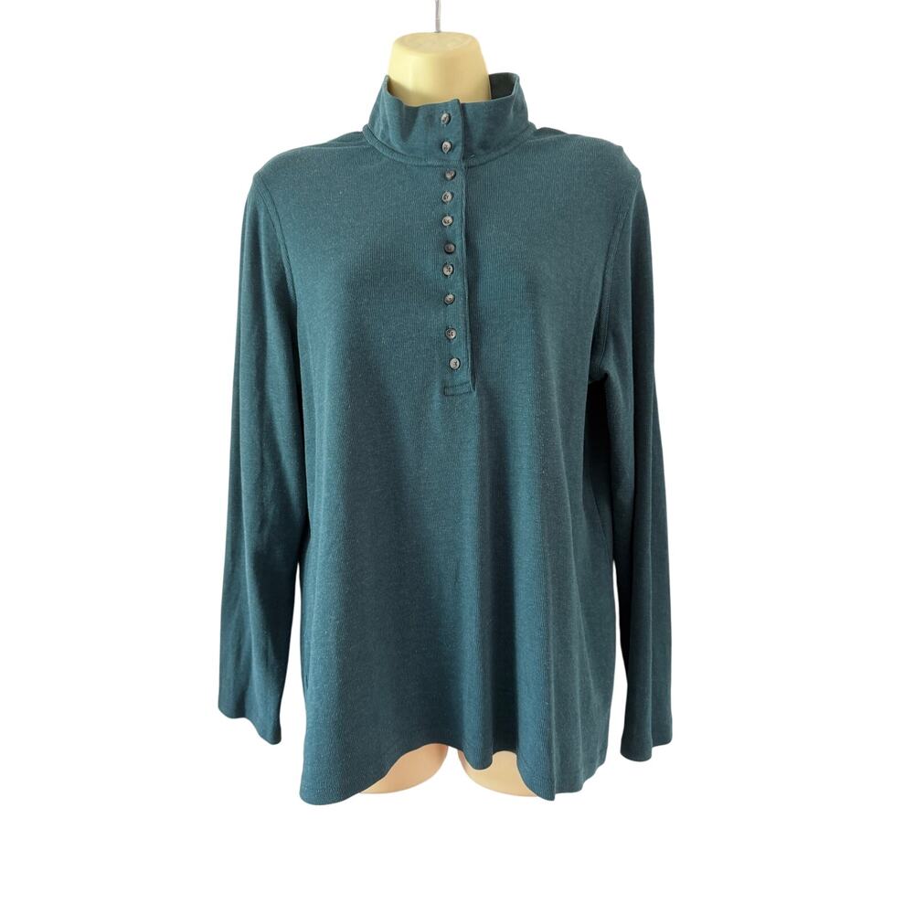 Natural Reflections Dark Teal Blue Henley Knit Top Women Size Large Mock Neck